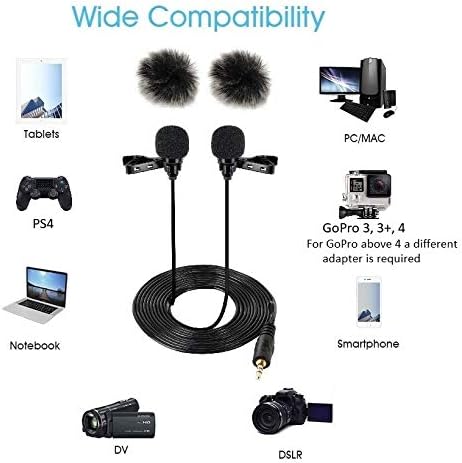 Dual Lavalier Microphone Dual Head 2 Microphones great for Voice Recording, Smartphones, Cameras etc