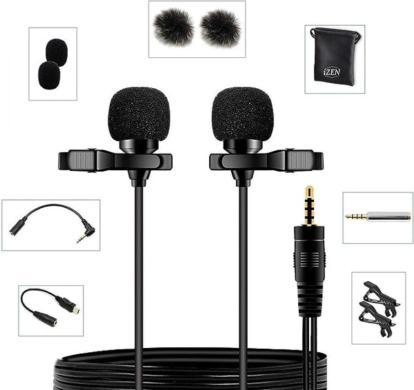 Dual Lavalier Microphone Dual Head 2 Microphones great for Voice Recording, Smartphones, Cameras etc