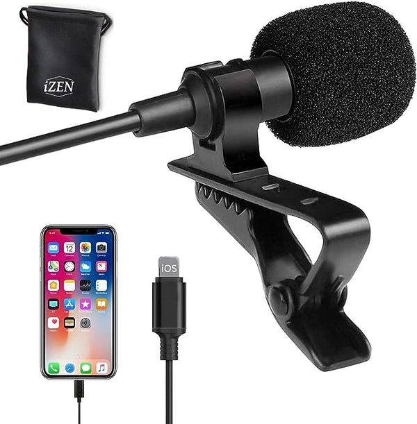 iZEN 2M/6.5ft Mini Lapel Lavalier with clip on Microphone for any iphone 8/X/XS/XR/11/12/13 and iPad Lapel Omnidirectional Condenser Mini Lavalier Mic iphone Microphone for Recording on iphone devices